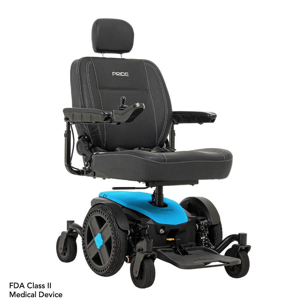Pride Jazzy EVO 614 powered wheelchair with black cushioned seat and blue base by Pride Mobility