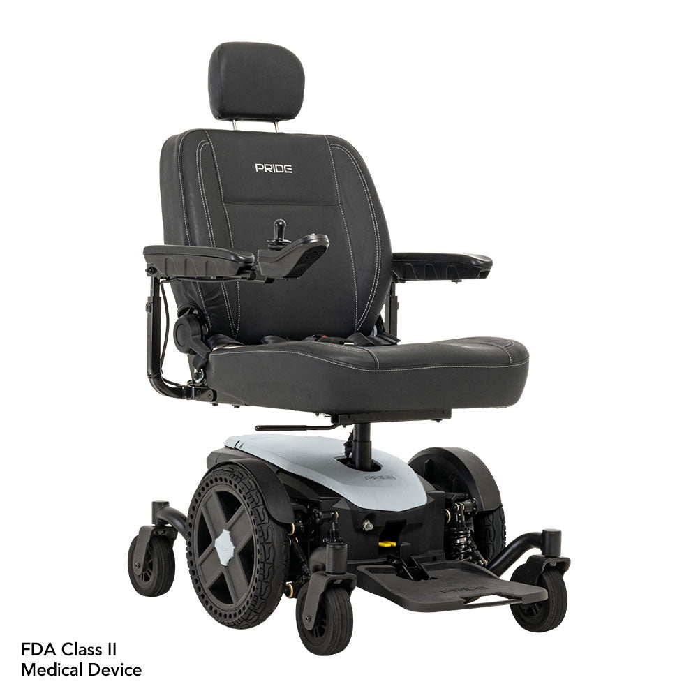 Pride Jazzy EVO 614 power wheelchair with black cushioned seat and adjustable armrests