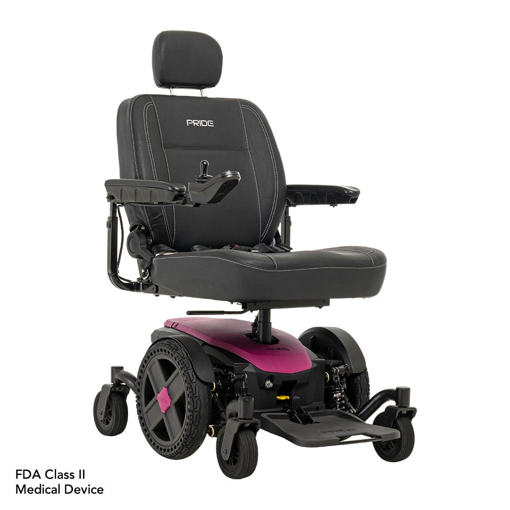Pride Jazzy EVO 614 power wheelchair with black cushioned seat and purple base by Pride Mobility